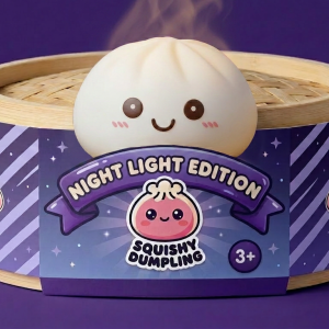 Dumpling Squishy Luz Nocturna Blanca Lunar en su cesta de vapor de bambú