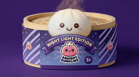 Dumpling Squishy Luz Nocturna Blanca Lunar en su cesta de vapor de bambú