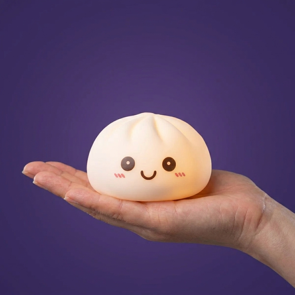 Dumpling Squishy Luz Nocturna Blanca Lunar en la mano, tamaño real