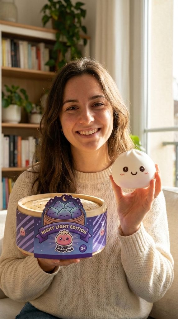 Dumpling Squishy Luz Nocturna Blanca Lunar con su cesta de vapor de bambú
