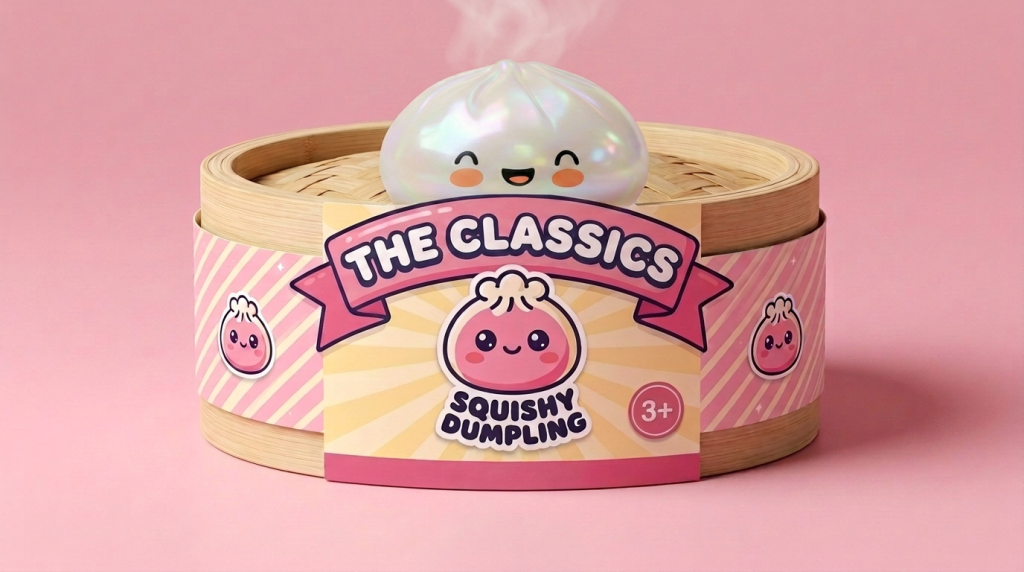 Dumpling Squishy Blanco Nube Único en su cesta de vapor de bambú