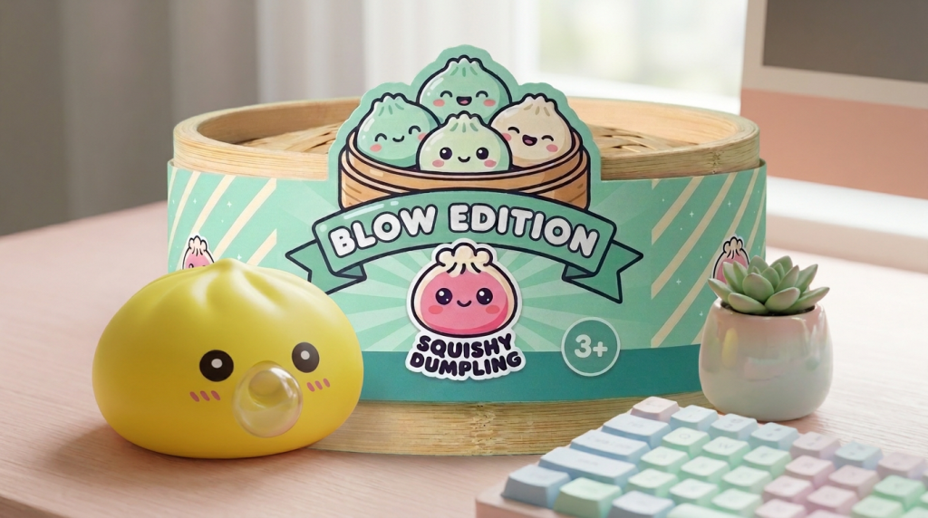 Jumbo Dumpling Squishy Amarillo Gigante en un ambiente de escritorio