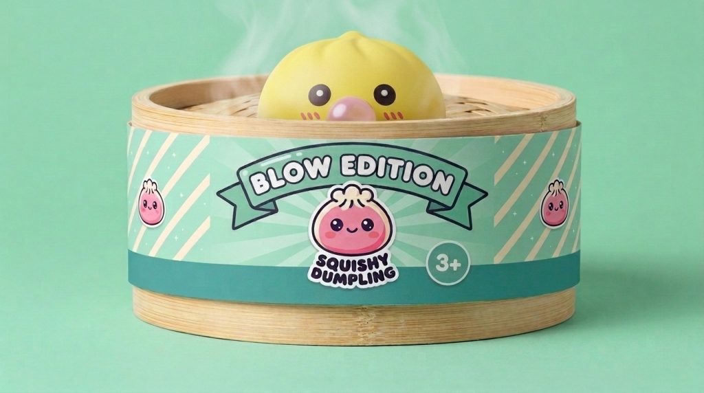 Jumbo Dumpling Squishy Amarillo Gigante en su cesta de vapor de bambú