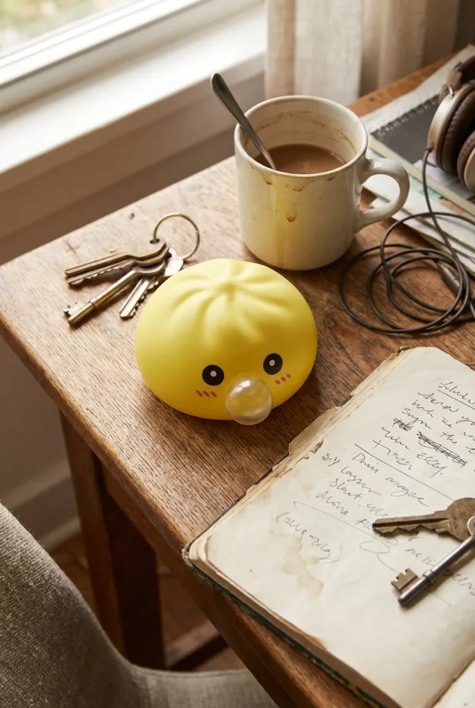 Jumbo Dumpling Squishy Amarillo Gigante en un escritorio