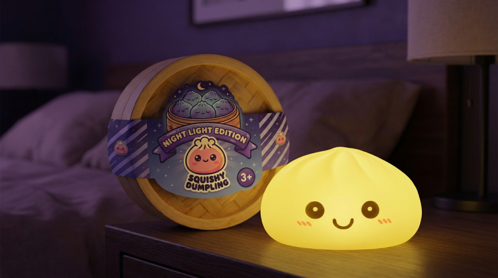 Dumpling Squishy Luz Nocturna Amarillo Sol en un ambiente de escritorio