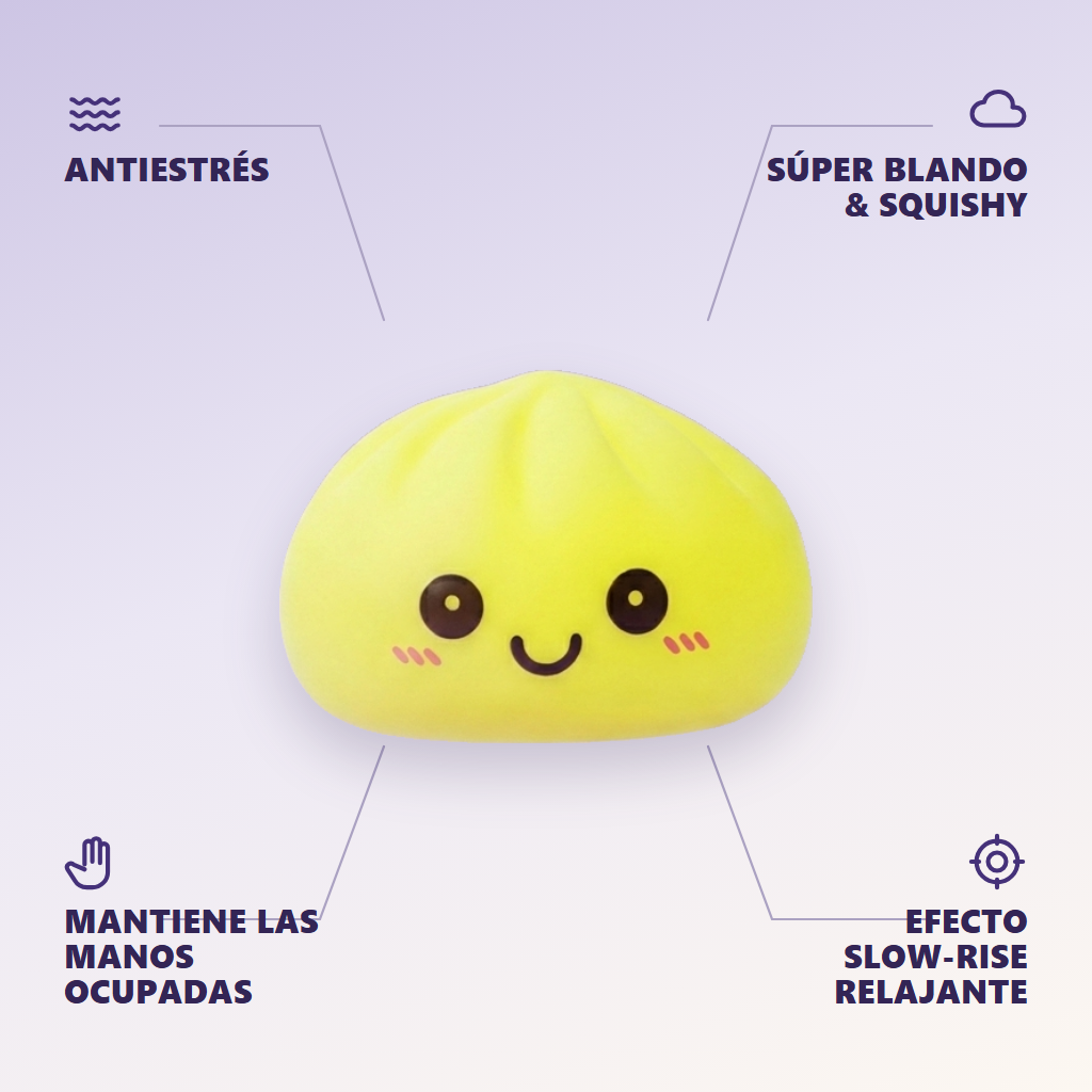 Dumpling Squishy Luz Nocturna Amarillo Sol — antiestrés, ultra blando, efecto slow-rise