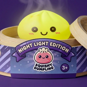 Dumpling Squishy Luz Nocturna Amarillo Sol en su cesta de vapor de bambú