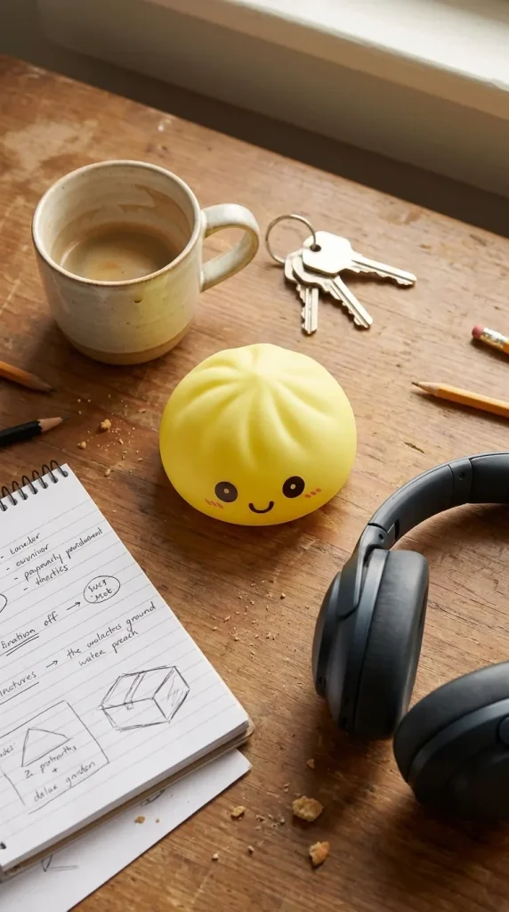 Dumpling Squishy Luz Nocturna Amarillo Sol en un escritorio