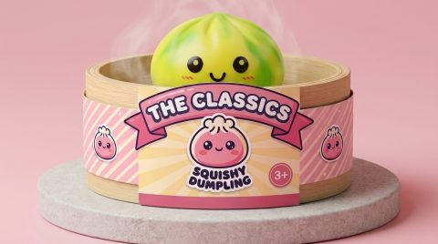 Squishy Dumpling Tie Dye Amarillo Limón en su cesta de vapor de bambú