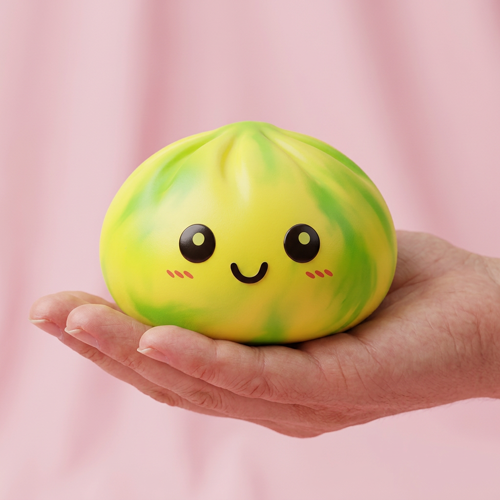 Squishy Dumpling Tie Dye Amarillo Limón en la mano, tamaño real