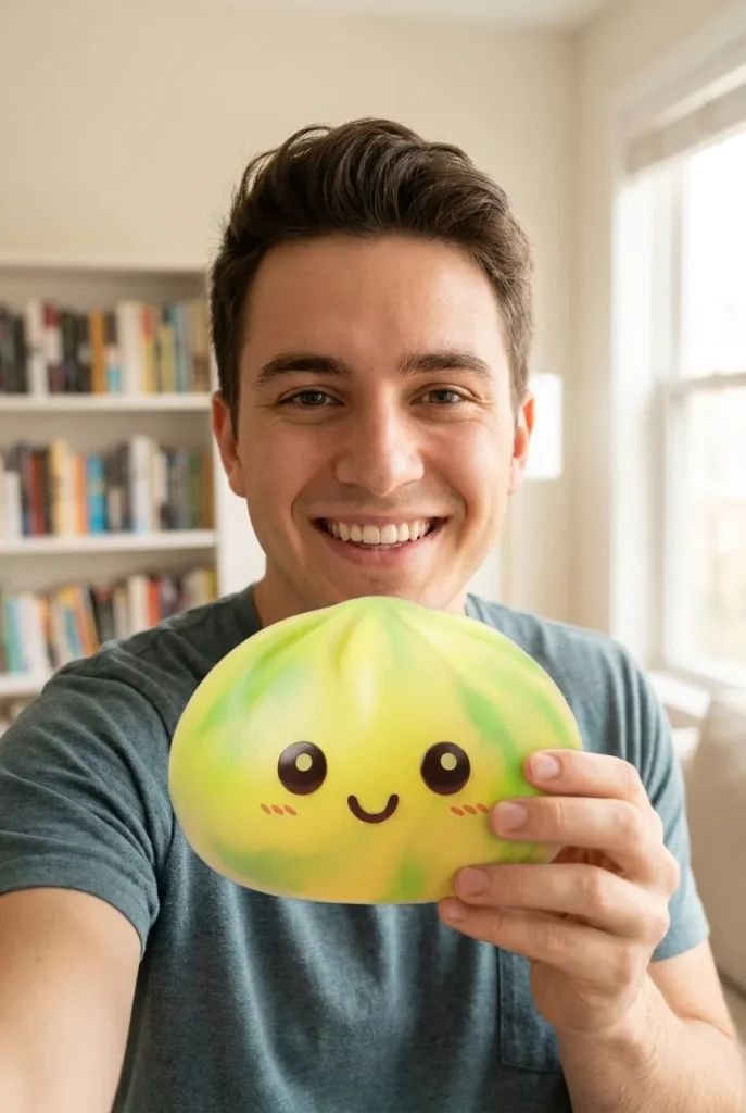 Squishy Dumpling Tie Dye Amarillo Limón cerca de la cara