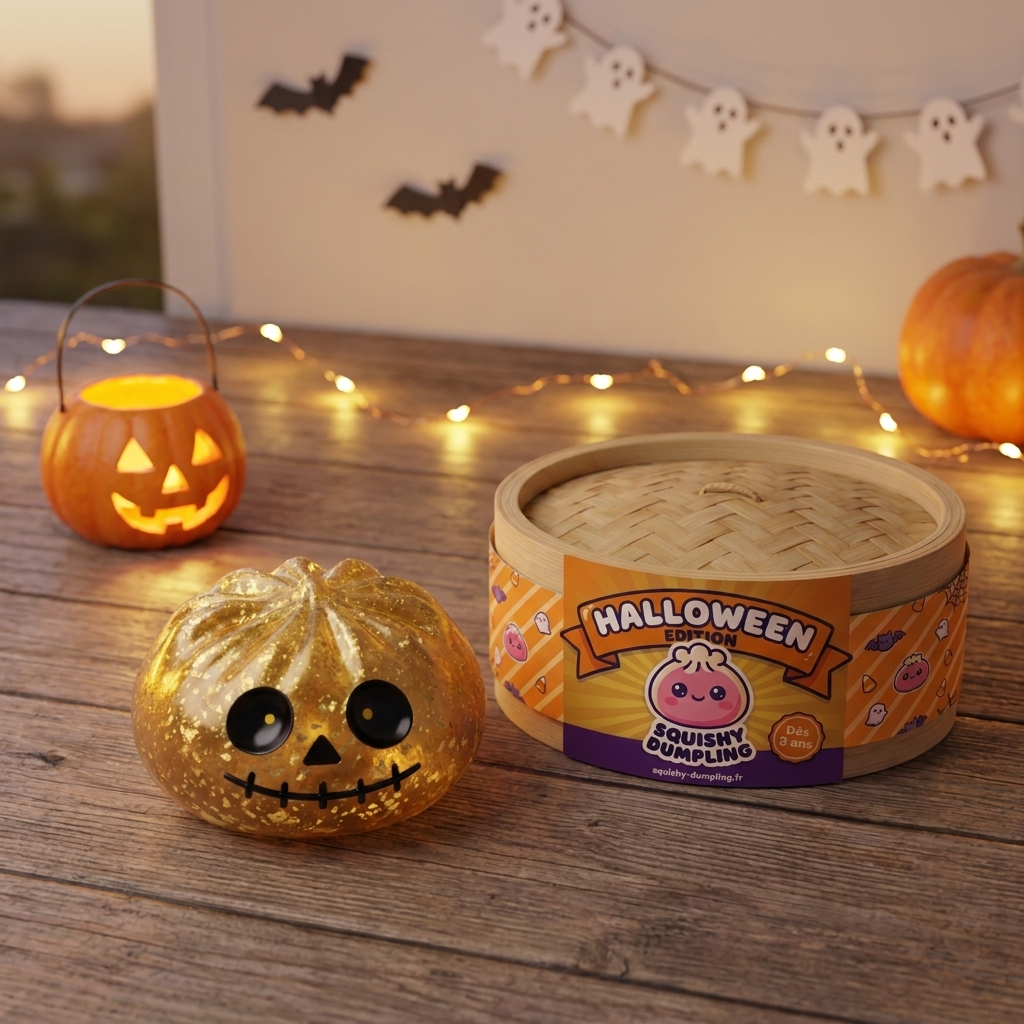 Dumpling Squishy Zombie Halloween Glitter Dorado en un ambiente de escritorio