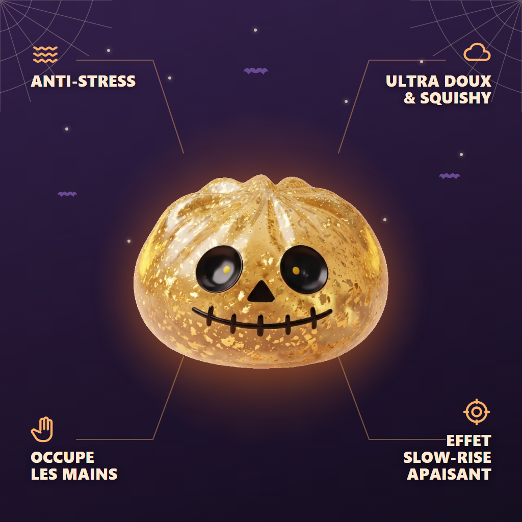 Dumpling Squishy Zombie Halloween Glitter Dorado — antiestrés, ultra blando, efecto slow-rise
