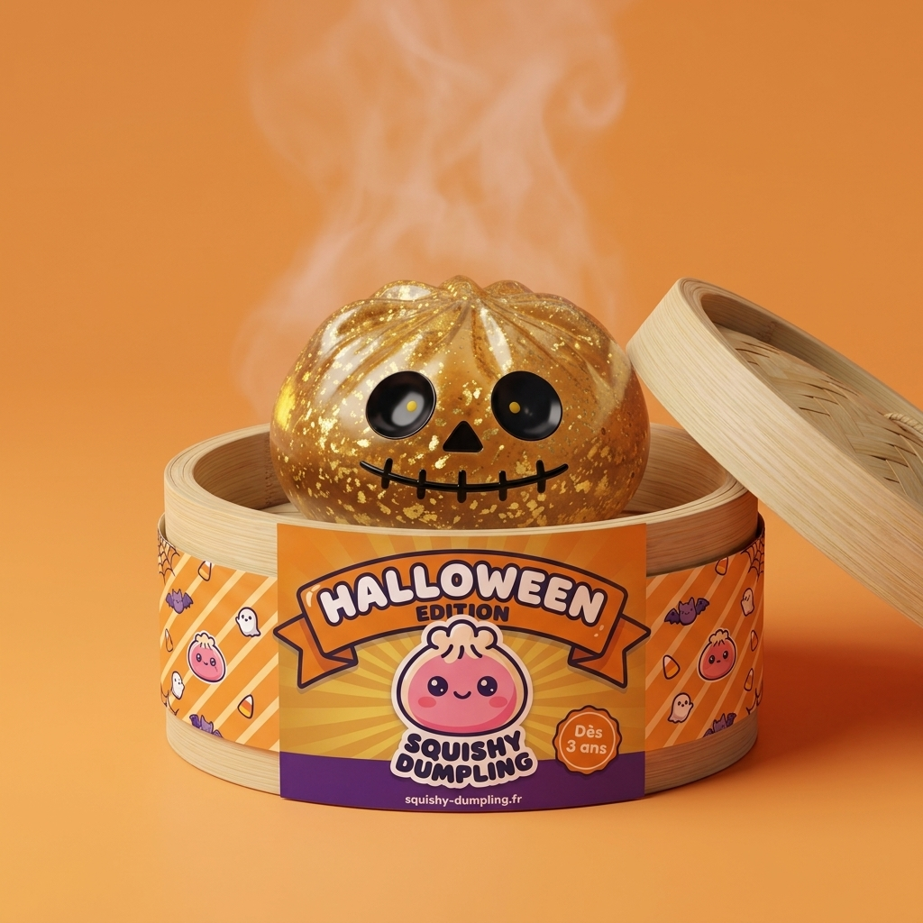 Dumpling Squishy Zombie Halloween Glitter Dorado en su cesta de vapor de bambú