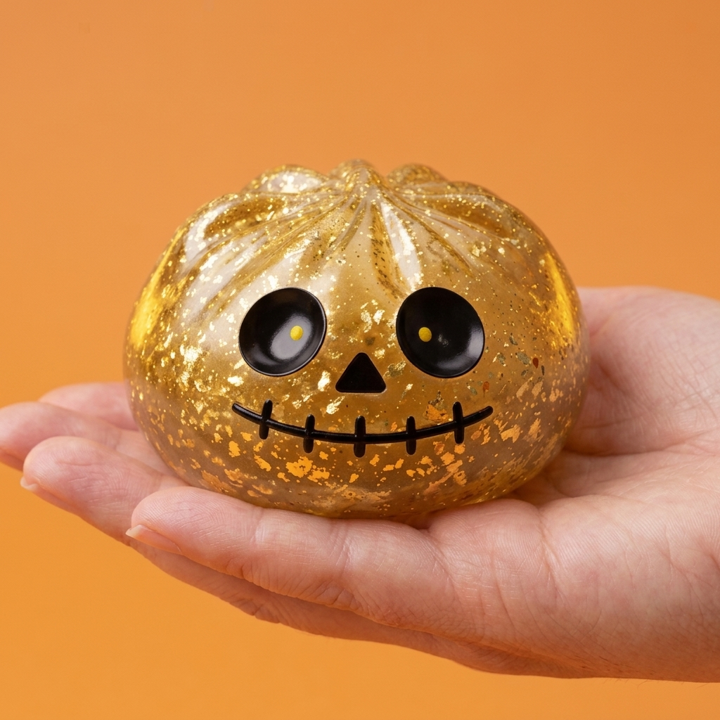Dumpling Squishy Zombie Halloween Glitter Dorado en la mano, tamaño real