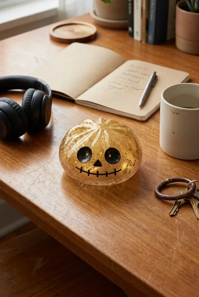 Dumpling Squishy Zombie Halloween Glitter Dorado en un escritorio