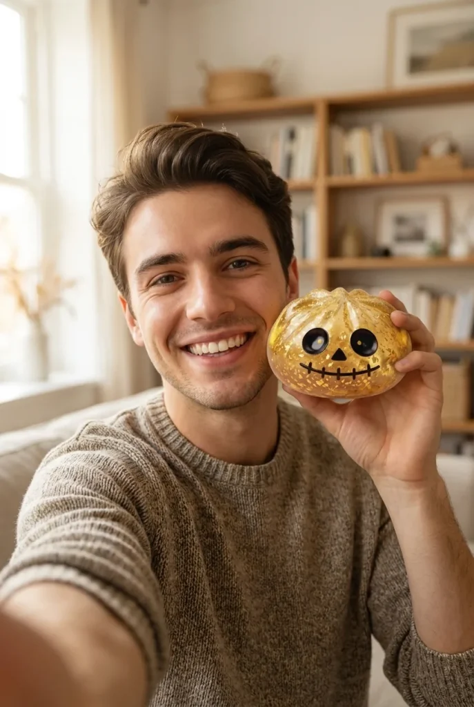 Dumpling Squishy Zombie Halloween Glitter Dorado cerca de la cara