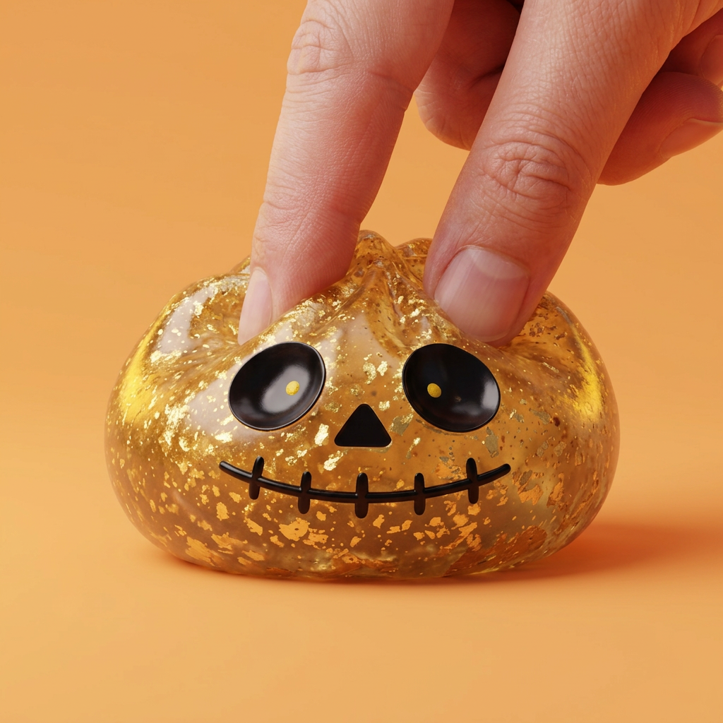 Dumpling Squishy Zombie Halloween Glitter Dorado — efecto slow-rise, la espuma recupera su forma
