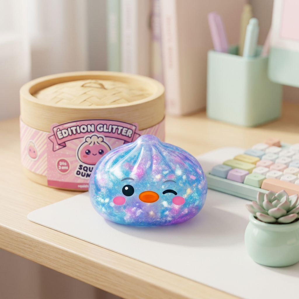 Dumpling Squishy Pingüino Azul Galaxy en un ambiente de escritorio
