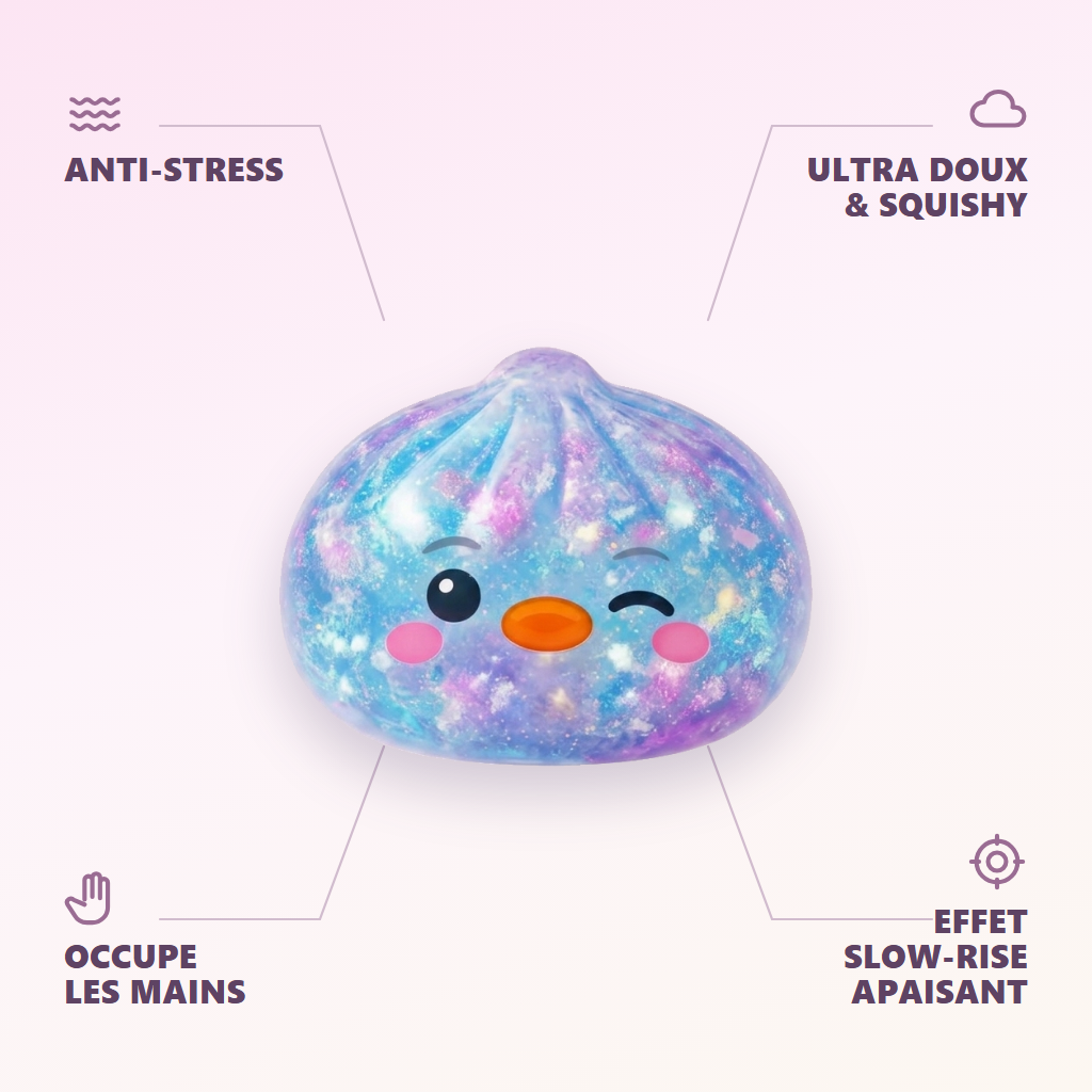 Dumpling Squishy Pingüino Azul Galaxy — antiestrés, ultra blando, efecto slow-rise