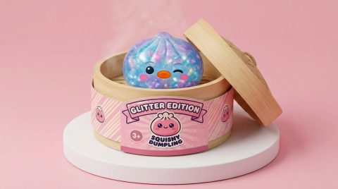 Dumpling Squishy Pingüino Azul Galaxy en su cesta de vapor de bambú