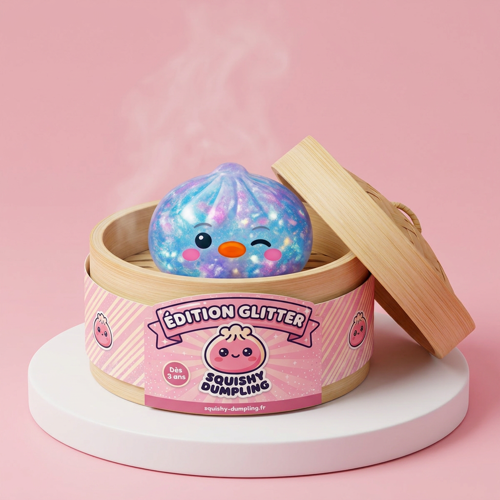 Dumpling Squishy Pingüino Azul Galaxy en su cesta de vapor de bambú