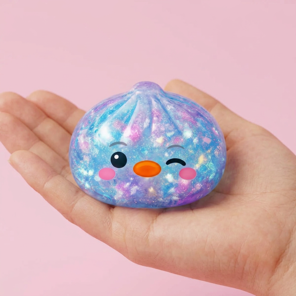 Dumpling Squishy Pingüino Azul Galaxy en la mano, tamaño real