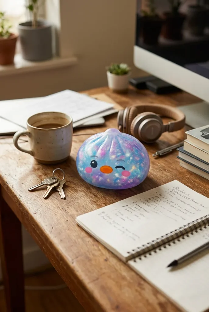 Dumpling Squishy Pingüino Azul Galaxy en un escritorio