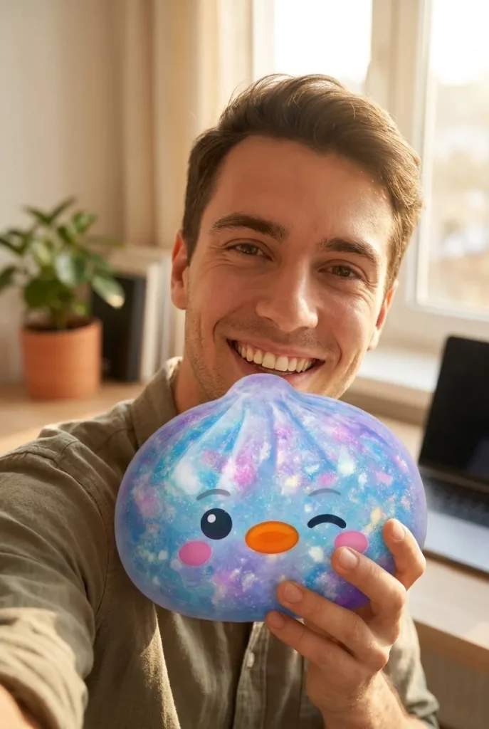 Dumpling Squishy Pingüino Azul Galaxy cerca de la cara
