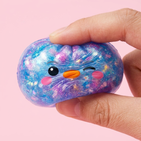 Dumpling Squishy Pingüino Azul Galaxy — efecto slow-rise, la espuma recupera su forma