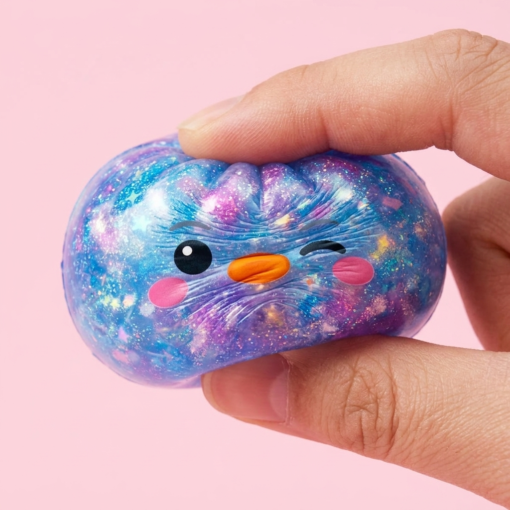 Dumpling Squishy Pingüino Azul Galaxy — efecto slow-rise, la espuma recupera su forma
