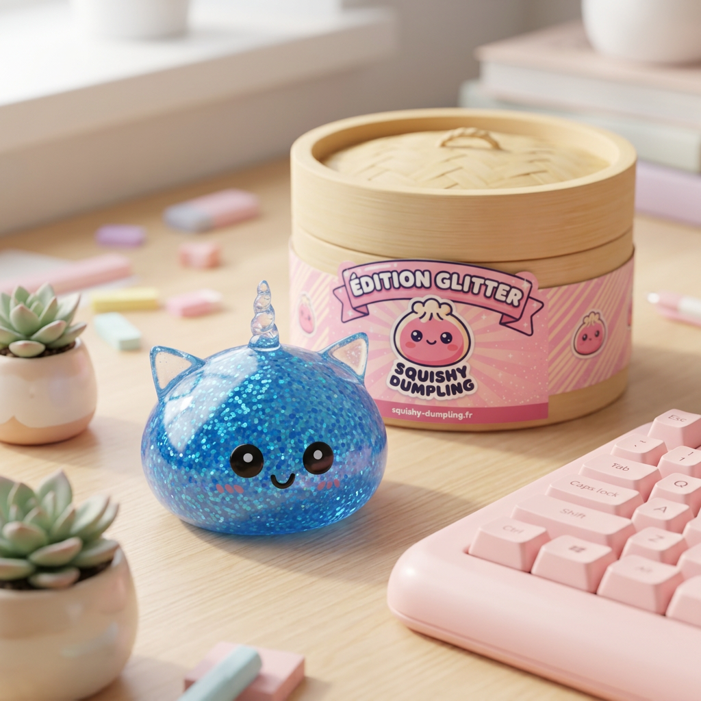 Dumpling Squishy Unicornio Azul Glitter en un ambiente de escritorio