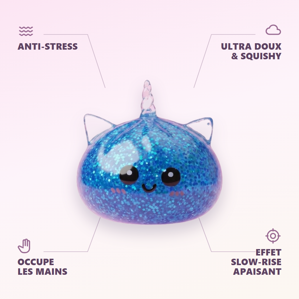 Dumpling Squishy Unicornio Azul Glitter — antiestrés, ultra blando, efecto slow-rise