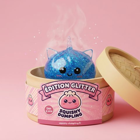 Dumpling Squishy Unicornio Azul Glitter en su cesta de vapor de bambú