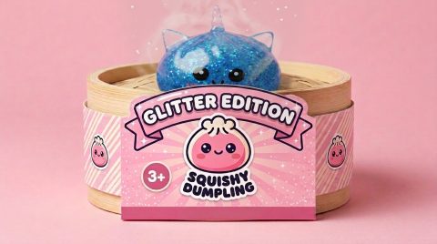Dumpling Squishy Unicornio Azul Glitter en su cesta de vapor de bambú