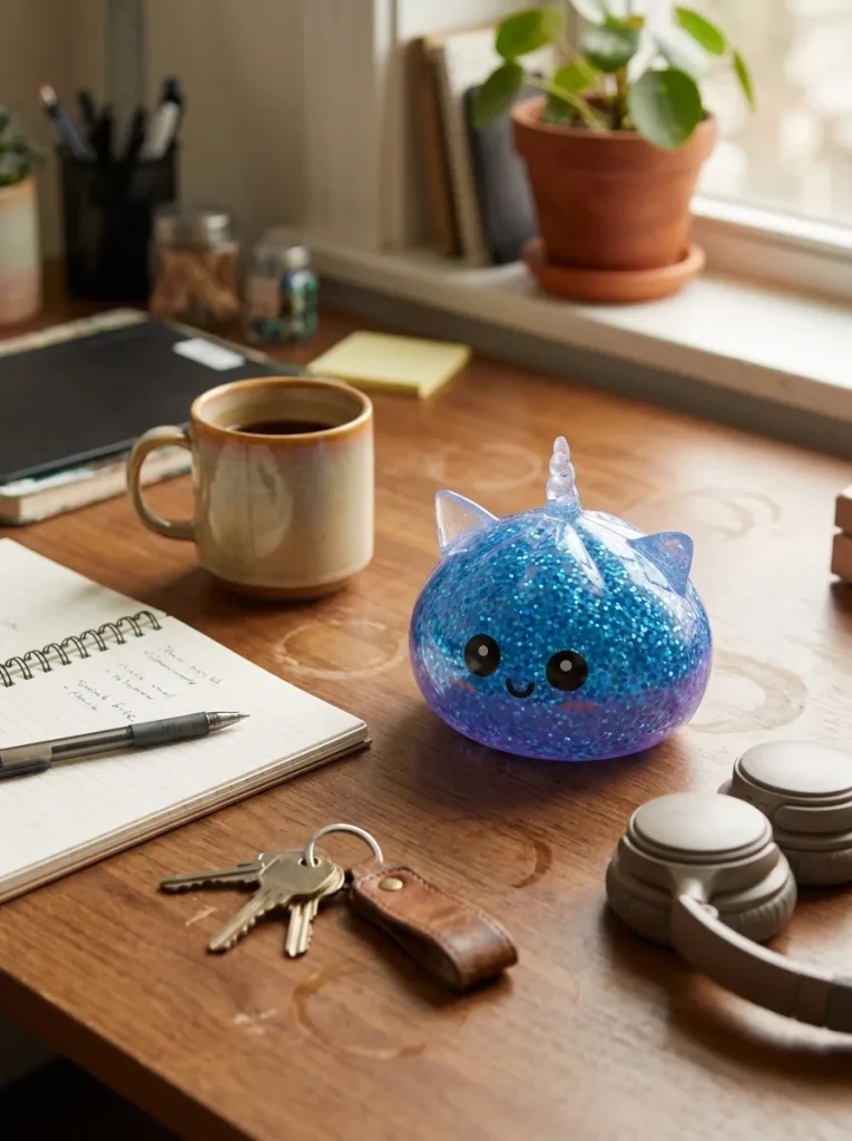 Dumpling Squishy Unicornio Azul Glitter en un escritorio
