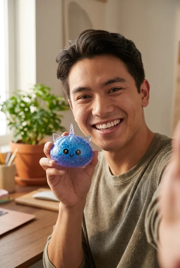 Dumpling Squishy Unicornio Azul Glitter cerca de la cara