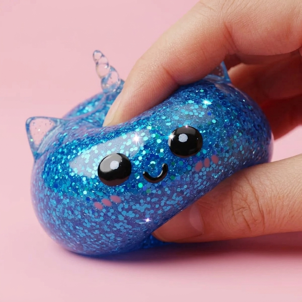 Dumpling Squishy Unicornio Azul Glitter — efecto slow-rise, la espuma recupera su forma