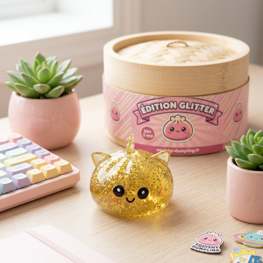 Dumpling Squishy Unicornio Glitter Dorado en un ambiente de escritorio
