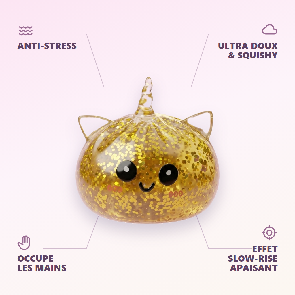 Dumpling Squishy Unicornio Glitter Dorado — antiestrés, ultra blando, efecto slow-rise