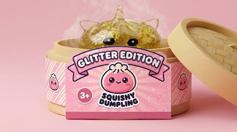 Dumpling Squishy Unicornio Glitter Dorado en su cesta de vapor de bambú