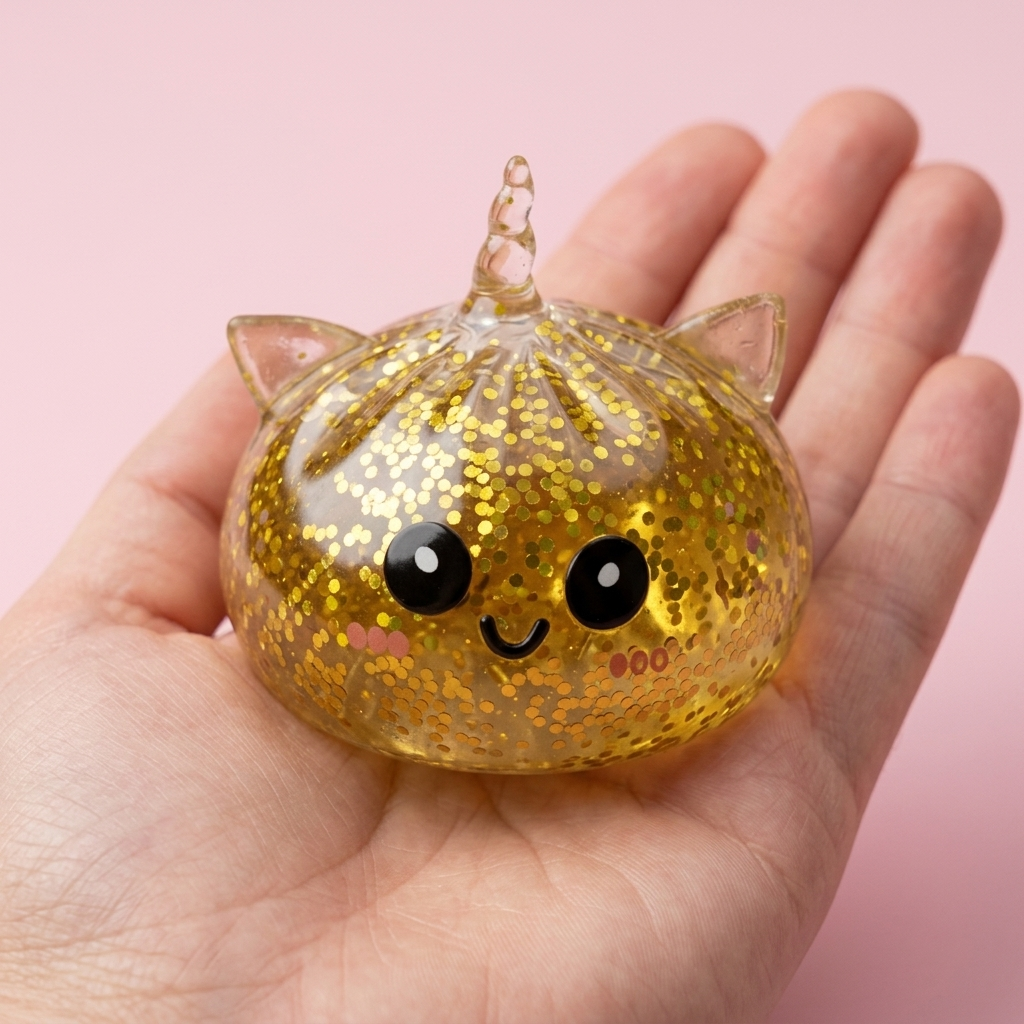 Dumpling Squishy Unicornio Glitter Dorado en la mano, tamaño real