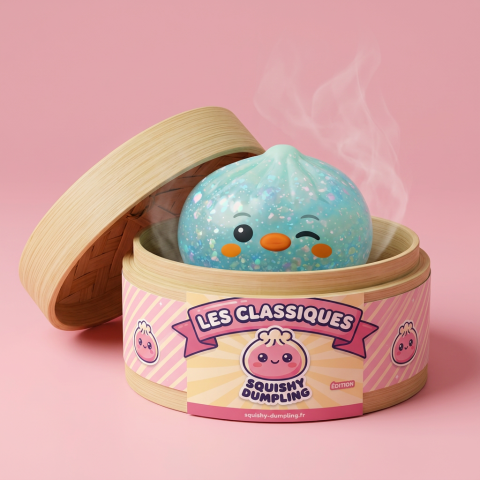 Squishy Dumpling Pingüino Verde Menta Escarchado en su cesta de vapor de bambú