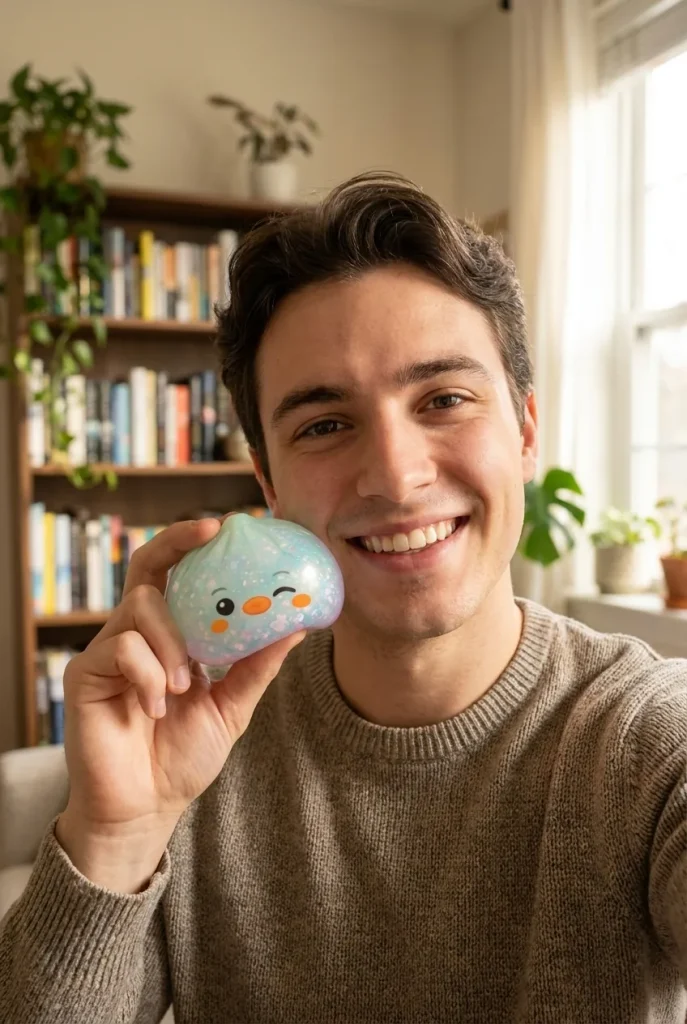 Squishy Dumpling Pingüino Verde Menta Escarchado cerca de la cara