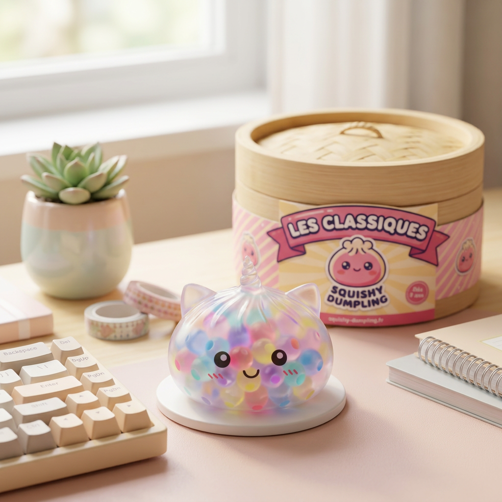 Squishy Dumpling Bubble Unicornio Pastel en un ambiente de escritorio