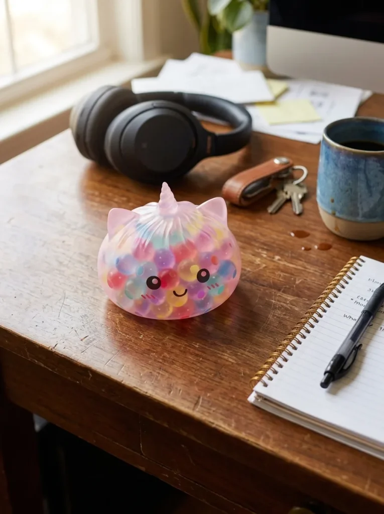 Squishy Dumpling Bubble Unicornio Pastel en un escritorio