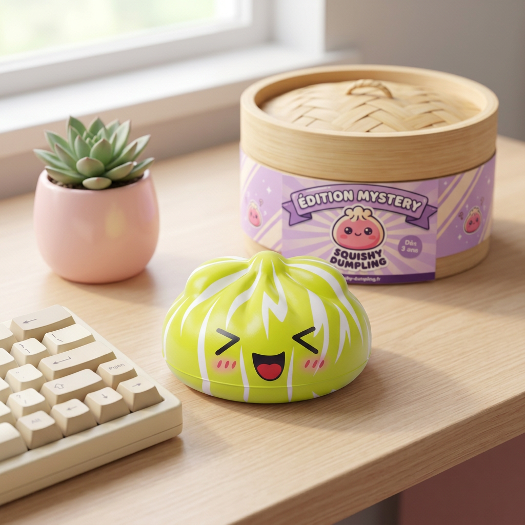 Squishy Dumpling Mystery Happy Faces Sorpresa en un ambiente de escritorio