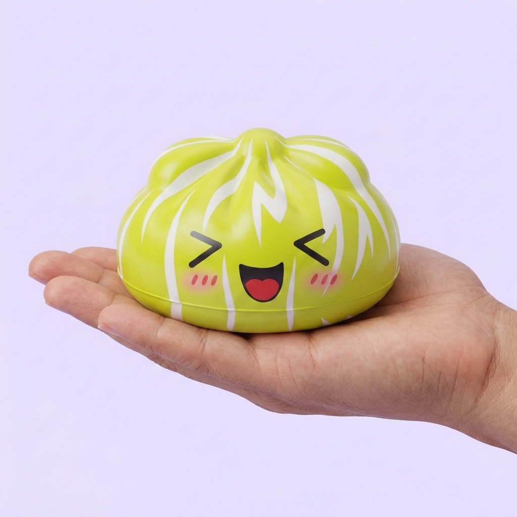 Squishy Dumpling Mystery Happy Faces Sorpresa en la mano, tamaño real