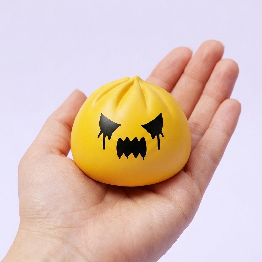 Squishy Dumpling Fantasma Mystery en la mano, tamaño real