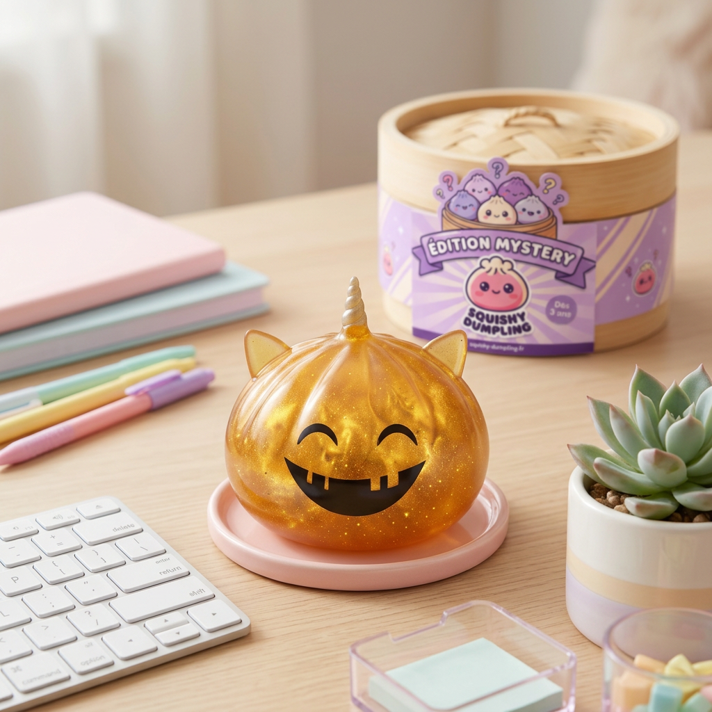 Dumpling Squishy Mystery Halloween Unicornio Cornudo en un ambiente de escritorio